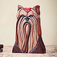 Cedar and mahogany sculpture, 'Yorkshire Terrier' - Fair Trade Yorkie Sculpture with Cedar and Mahogany