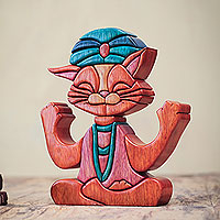 Wood statuette, 'Feline Guru' - Smiling Cat Wood Statuette in Yoga Meditation Pose