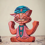 Smiling Cat Wood Statuette in Yoga Meditation Pose, 'Feline Guru'