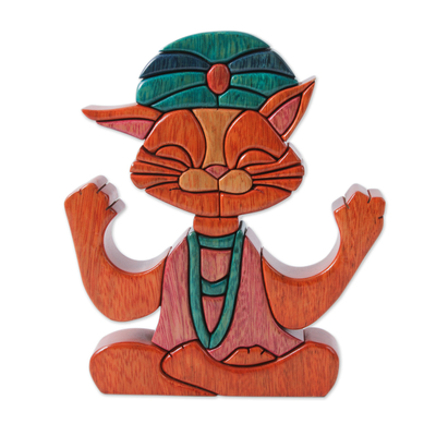 Smiling Cat Wood Statuette in Yoga Meditation Pose