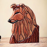 Estatuilla de madera de cedro y caoba, 'Perro Collie' - Estatuilla de Perro Artesanal Elaborada en Cedro y Caoba