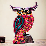 Multicolor Owl Statuette Cedar and Mahogany Sculpture, 'Pensive Owl'