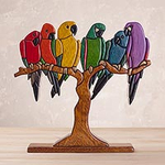 Multi Color Birds on Tree Sculpture in Mahogany and Cedar, 'Rainbow Macaws'