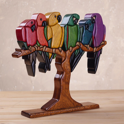 Cedar and mahogany wood sculpture, 'Rainbow Macaws' - Multi Color Birds on Tree Sculpture in Mahogany and Cedar