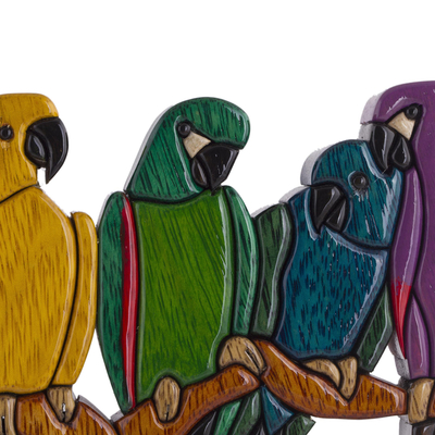 Escultura en madera de cedro y caoba. - Escultura de pájaros multicolores en árbol en caoba y cedro