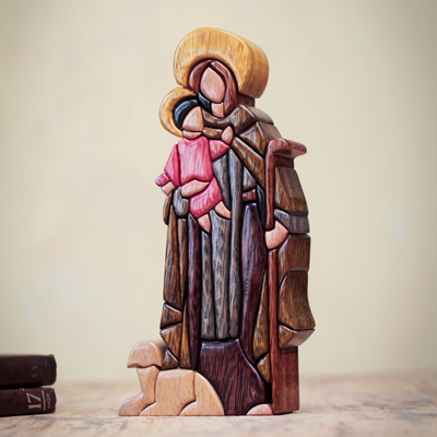 Wood statuette, 'St. Anthony and Christ' - Wood Statuette Religious Art Crafted by Hand in Peru