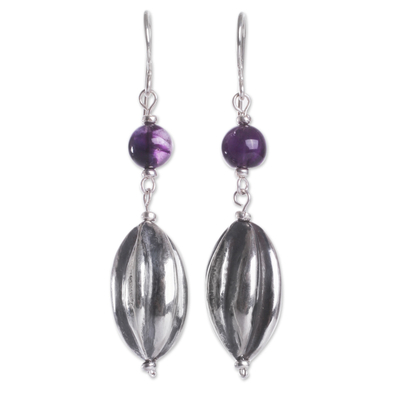 Amethyst dangle earrings, 'Cocoa Pods' - Handcrafted Amethyst and Sterling Silver Modern Earrings