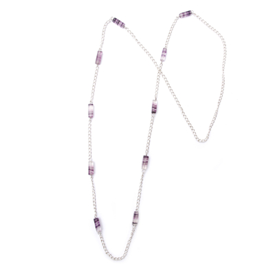 Tourmaline station necklace, 'Spaces' - Long Sterling Silver Station Necklace with Lilac Tourmaline