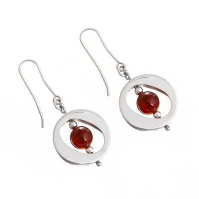 Carnelian dangle earrings, 'Oval Window' - Contemporary Free Trade Silver and Carnelian Earrings