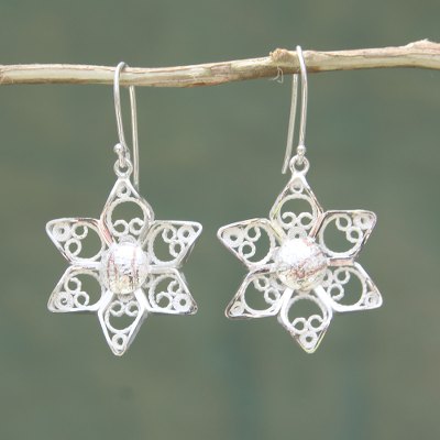 Sterling silver filigree earrings, 'Quechua Stars' - Sterling Silver Filigree Earrings with Copper Accents