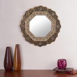 Reverse painted glass mirror, 'Azure Star' - Blue Reverse Painted Glass Mirror Handmade in Peru