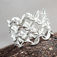 Andean Silver Ring Wide Band Chain Mail Pattern from Peru,'Boldly Elegant'