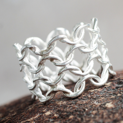 Sterling silver band ring, 'Boldly Elegant' - Andean Silver Ring Wide Band Chain Mail Pattern from Peru