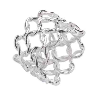 Sterling silver band ring, 'Boldly Elegant' - Andean Silver Ring Wide Band Chain Mail Pattern from Peru