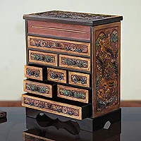 Cedar and leather Jewellery box, 'Nature's Glory' - Flora and Fauna Cedar and Leather Jewellery Box with Drawers