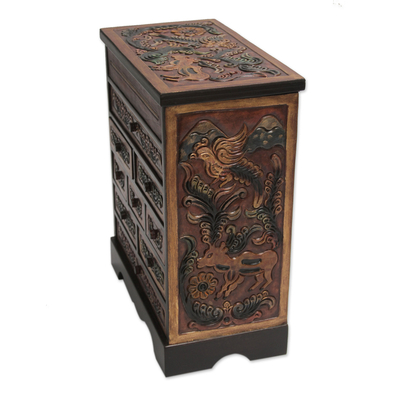 Cedar and leather jewelry box, 'Nature's Glory' - Flora and Fauna Cedar and Leather Jewelry Box with Drawers