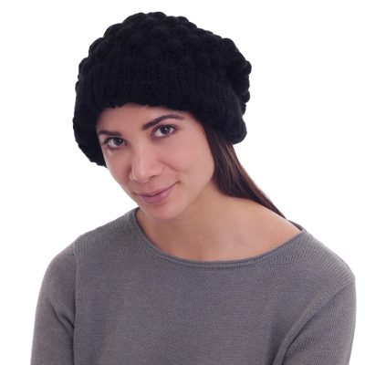 Alpaca blend hat, 'Pompoms' - Black Alpaca Blend Hat Knitted by Hand in Peru