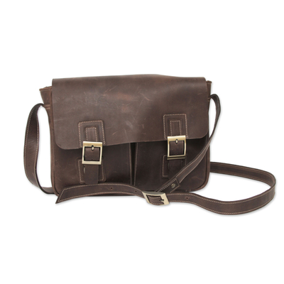 Dark Brown Leather Messenger Bag with Multi Pockets - Wandering Coffee ...