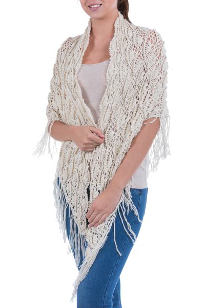 100% alpaca shawl, 'Piura Fans' - Hand Crocheted Alpaca Shawl Ivory colour Wrap from Peru