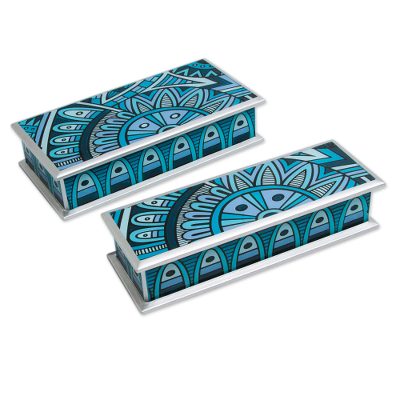 Reverse painted glass boxes, 'Azure Dawn' (pair) - 2 Blue and Turquoise Reverse Painted Glass Boxes from Peru