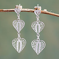 Sterling silver filigree dangle earrings, 'Three Hearts' - Handcrafted Filigree Heart Theme Silver Earrings