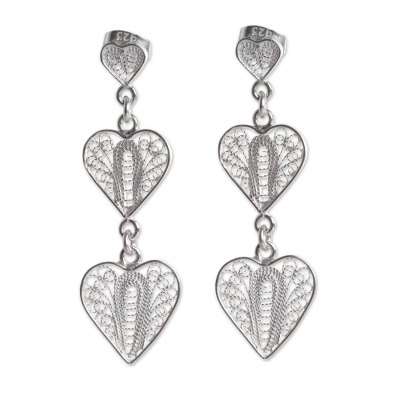 Sterling silver filigree dangle earrings, 'Three Hearts' - Handcrafted Filigree Heart Theme Silver Earrings