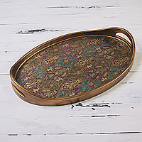 Glass tray, 'Surreal Fantasia' - Wood Tray Reverse Painted Glass with Flowers and Goats