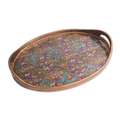Glass tray, 'Surreal Fantasia' - Wood Tray Reverse Painted Glass with Flowers and Goats
