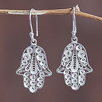 Sterling silver filigree dangle earrings, 'Hamsa Symbol' - Artisan Crafted Sterling Filigree Hamsa Symbol Earrings