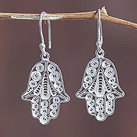 Filigrane Ohrhänger aus Sterlingsilber, „Hamsa-Symbol“ – handgefertigte filigrane Hamsa-Symbol-Ohrringe aus Sterlingsilber