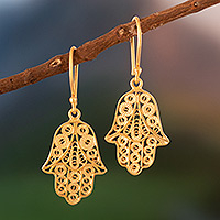 Pendientes colgantes de filigrana de oro vermeil, 'Símbolo de Hamsa' - Pendientes artesanales de símbolo de Hamsa de filigrana de oro vermeil