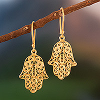 Gold vermeil filigree dangle earrings, 'Hamsa Symbol' - Gold Vermeil Filigree Artisan Crafted Hamsa Symbol Earrings