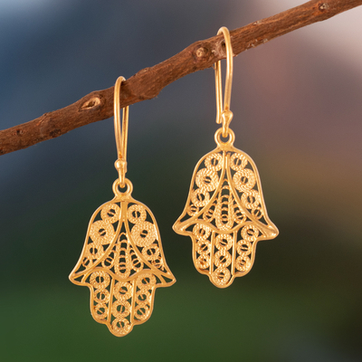 Gold vermeil filigree dangle earrings, 'Hamsa Symbol' - Gold Vermeil Filigree Artisan Crafted Hamsa Symbol Earrings