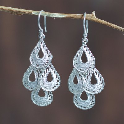 Sterling silver filigree chandelier earrings, 'Raindrop Cascade' - Fair Trade Andean Silver Filigree Earrings