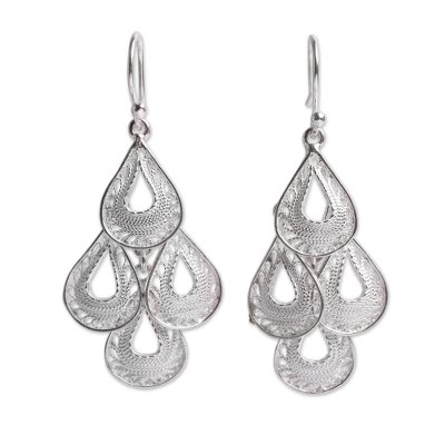 Sterling silver filigree chandelier earrings, 'Raindrop Cascade' - Fair Trade Andean Silver Filigree Earrings