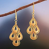 Gold vermeil filigree chandelier earrings, 'Raindrop Cascade' - Gold Vermeil Handcrafted Filigree Chandelier Earrings