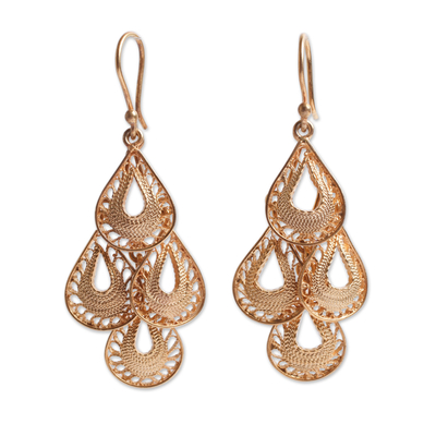 Gold vermeil filigree chandelier earrings, 'Raindrop Cascade' - Gold Vermeil Handcrafted Filigree Chandelier Earrings