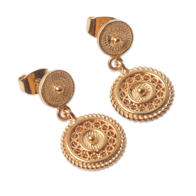 Gold plated filigree dangle earrings, 'Beautiful Fantasy' - Classic Andean Filigree Gold Plated Earrings