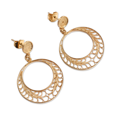 Gold plated filigree dangle earrings, 'Tondero Dancer' - Gold Plated Filigree Earrings Handcrafted in Peru