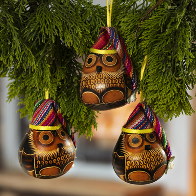 Dried mate gourd ornaments, 'Holiday Owls' (set of 3) - Dried Mate Gourd Owls Ornaments Wearing Hats (Set of 3)