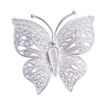 Sterling silver filigree brooch pin, 'Catacaos Butterfly' - Filigree Butterfly Brooch Pin Handmade in Sterling Silver