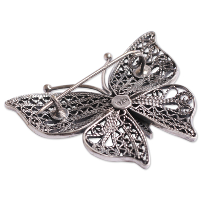 Sterling silver filigree brooch pin, 'Aged Catacos Butterfly' - Filigree Butterfly Brooch Pin in Aged Sterling Silver