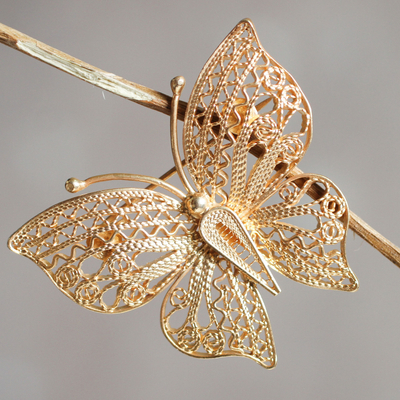 Alfiler broche filigrana de plata vermeil - Broche de mariposa de filigrana chapado en oro hecho a mano