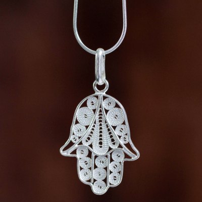 Sterling silver pendant necklace, 'Hamsa Symbol' - Artisan Crafted Sterling Filigree Hamsa Hand Necklace