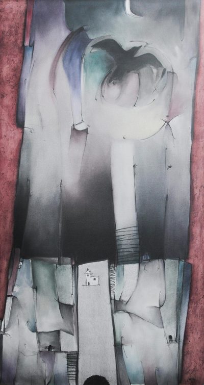 'Nocturnal Flight' - Painting with Bird Moon and Church Signed Fine Art