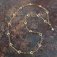Gold vermeil filigree station necklace, 'Connected Hearts' - Handcrafted Gold Vermeil Filigree Heart Theme Necklace