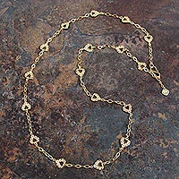 Gold vermeil filigree station necklace, 'Connected Hearts' - Handcrafted Gold Vermeil Filigree Heart Theme Necklace