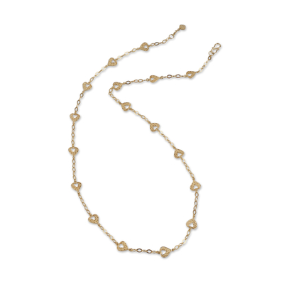 Gold vermeil filigree station necklace, 'Connected Hearts' - Handcrafted Gold Vermeil Filigree Heart Theme Necklace