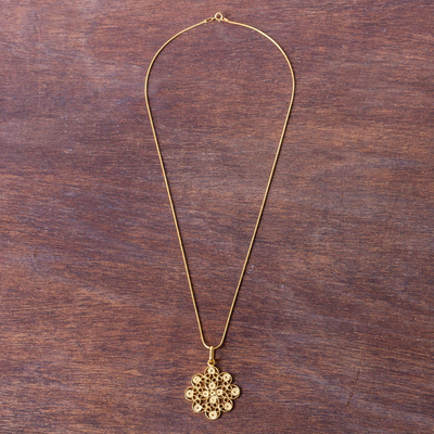 Gold vermeil pendant necklace, 'Gardenia Filigree' - Floral Filigree Artisan Crafted Gold Vermeil Necklace
