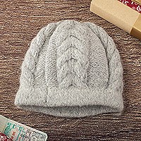 sombrero 100% alpaca - Gorro de alpaca tejido a mano en color gris suave